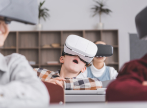 Kids in classroom wearing Virtual Reality glasses